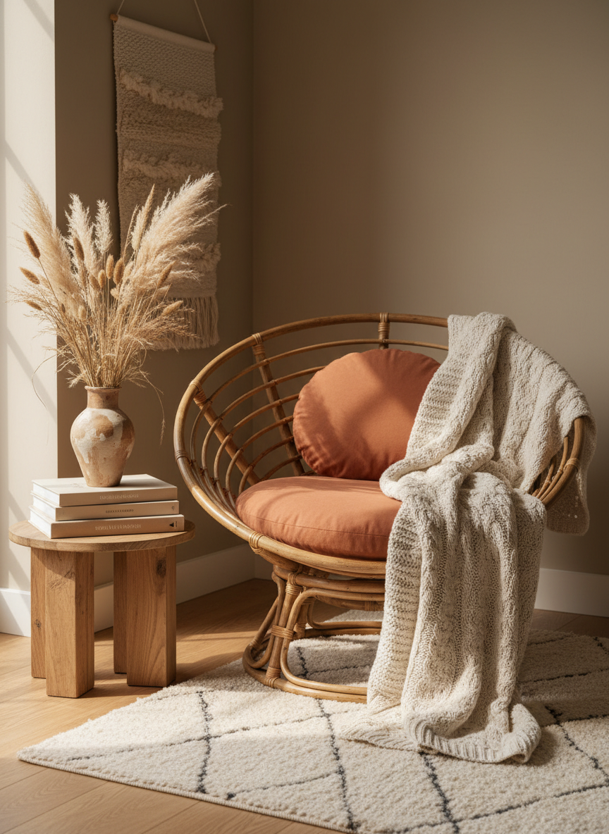 Cozy reading nook with a rattan chair, chunky knit throw, art books and a soft terracotta cushion