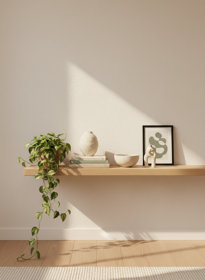 Minimalist shelf styled with ceramics, a trailing pothos, stacked books and a small framed print
