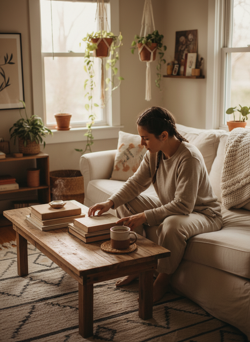 A woman styling a coffee table with books and a ceramic mug in her warm, plant-filled living room