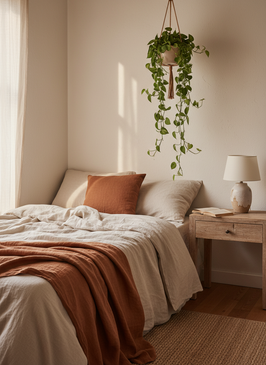 Cozy small bedroom corner with layered linen bedding, a wooden nightstand, ceramic lamp and a soft terracotta throw